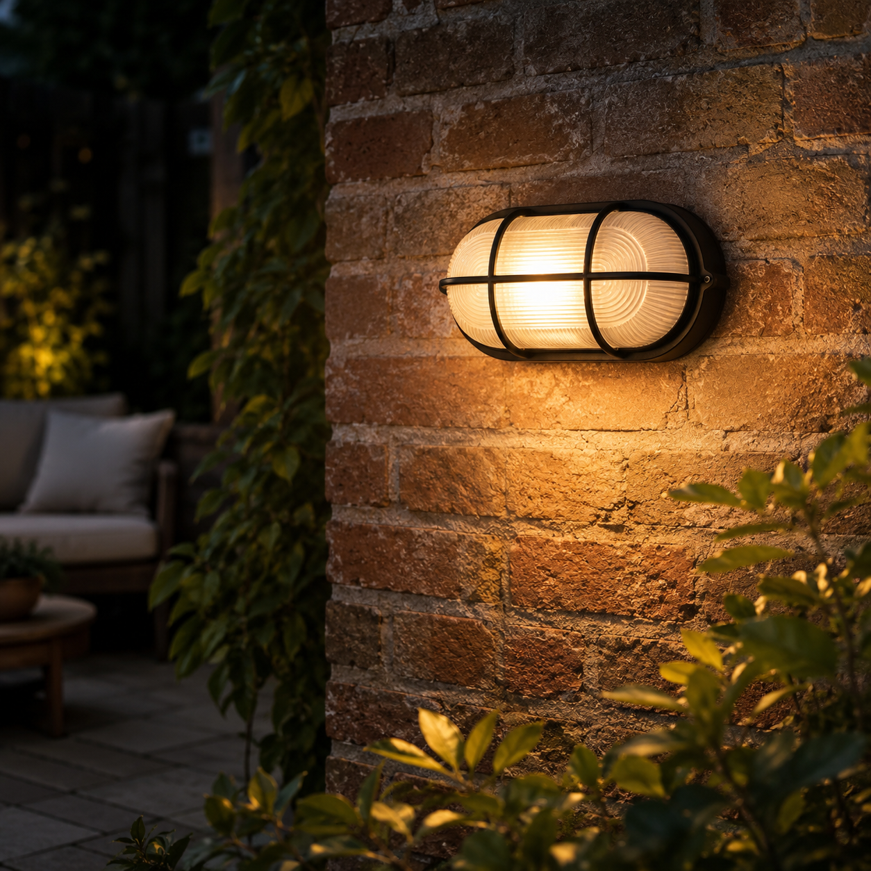 Maris black bulkhead wall light illuminating a garden wall