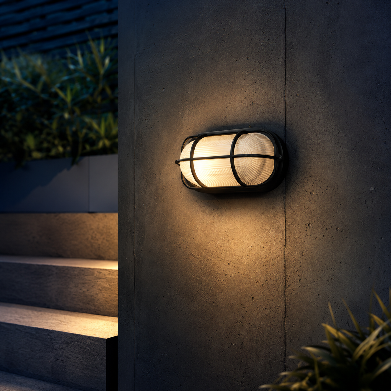 Black oval bulkhead outdoor wall light installed on a patio wall