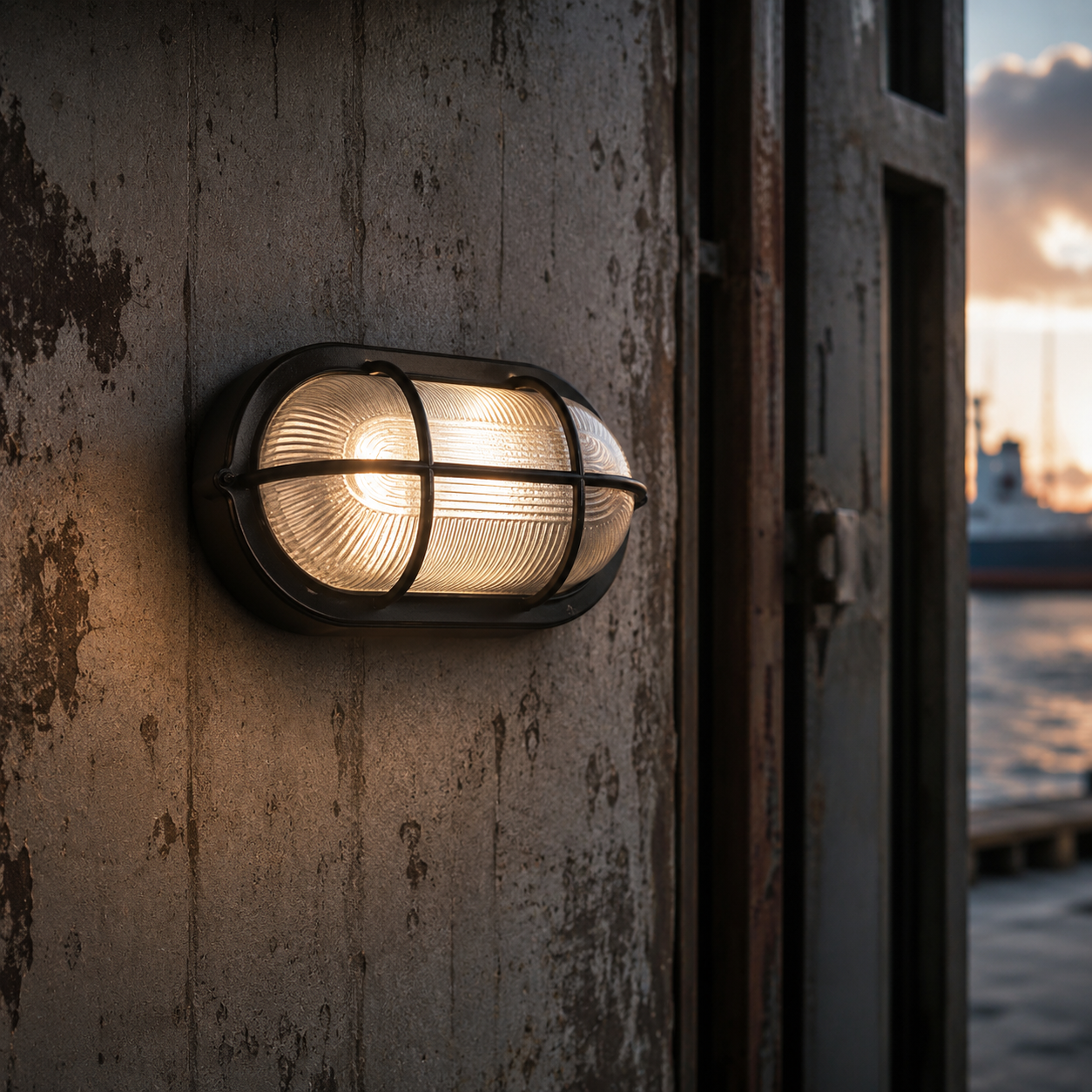 Maris black oval bulkhead outdoor wall light on a modern exterior wall