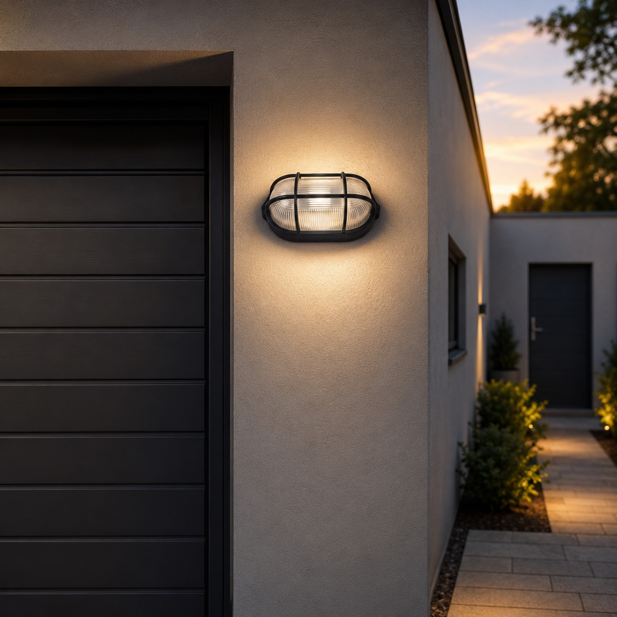 Close-up of Maris black oval bulkhead wall light with ribbed glass diffuser