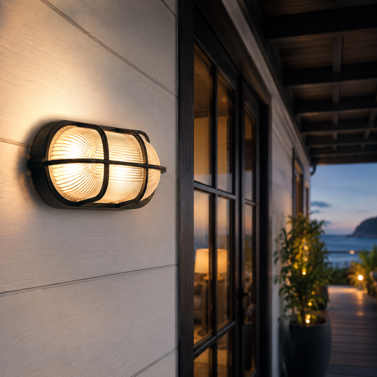 Maris black oval outdoor wall light beside a porch entrance