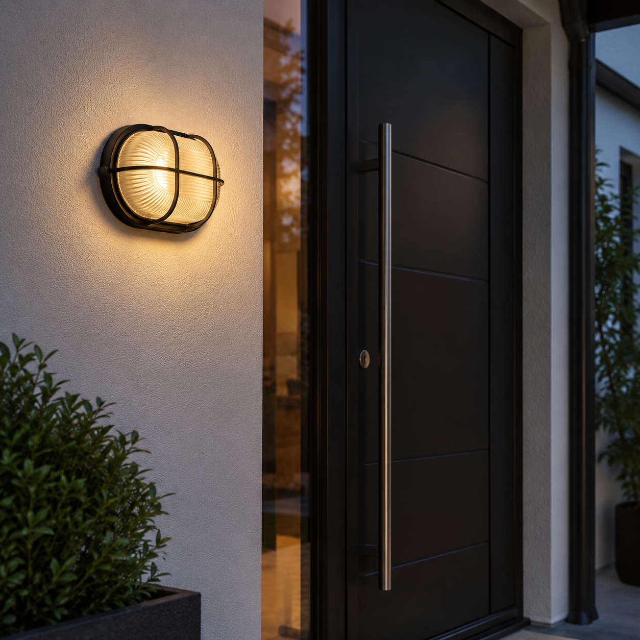 Industrial black bulkhead wall light with warm E27 bulb glow