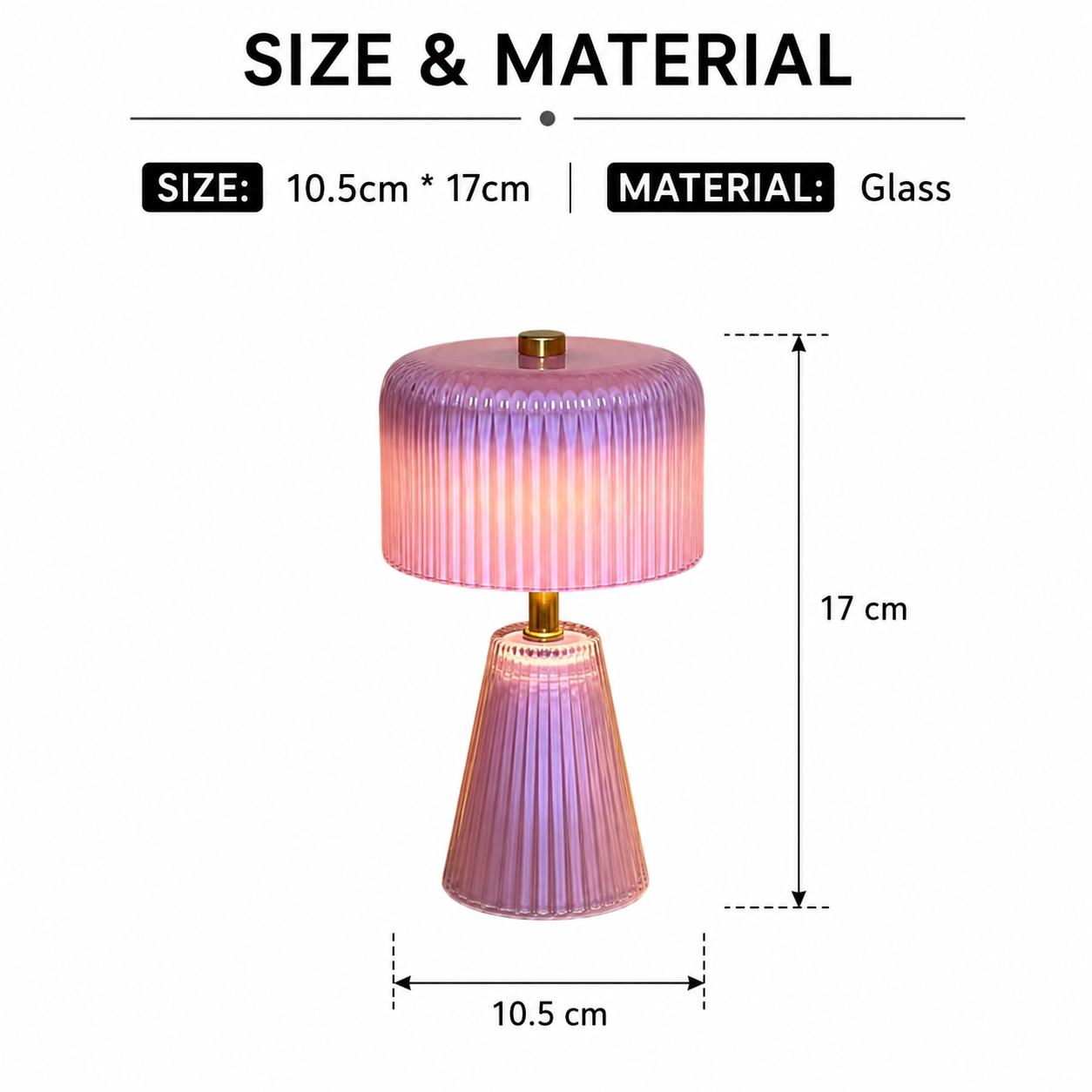 Marlow Pleated Glass Table Lamp size and material guide showing 17 cm height, 10.5 cm width and ribbed glass construction