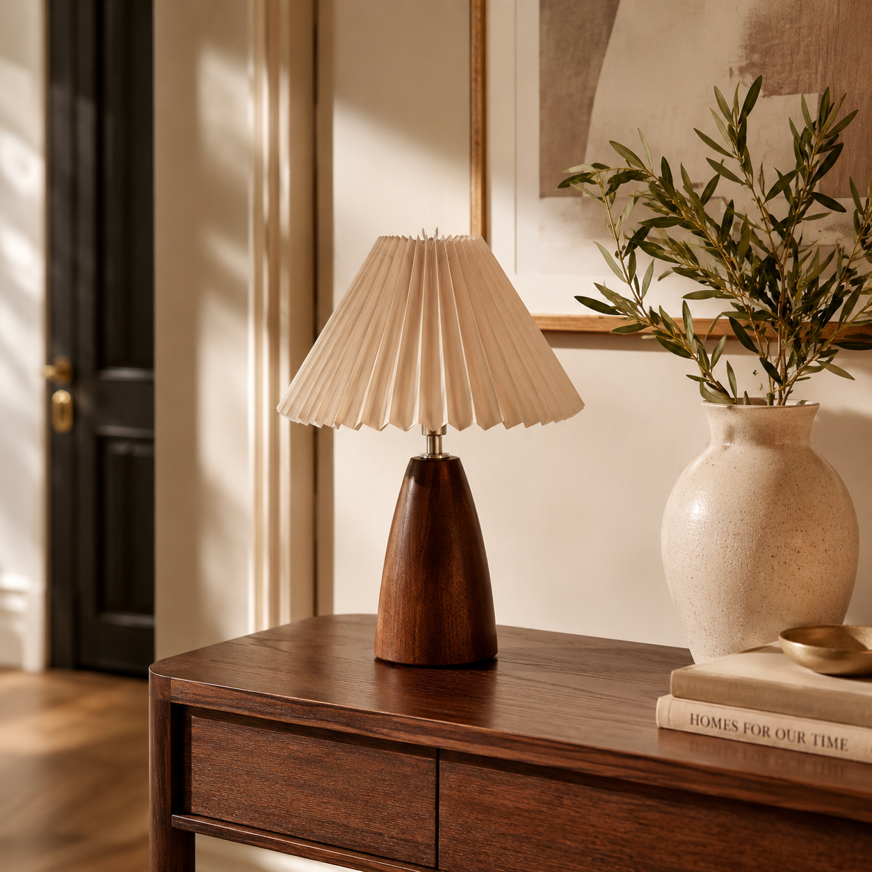 Close-up of the Marlow Pleated Wooden Table Lamp showing the pleated shade and wood-style base