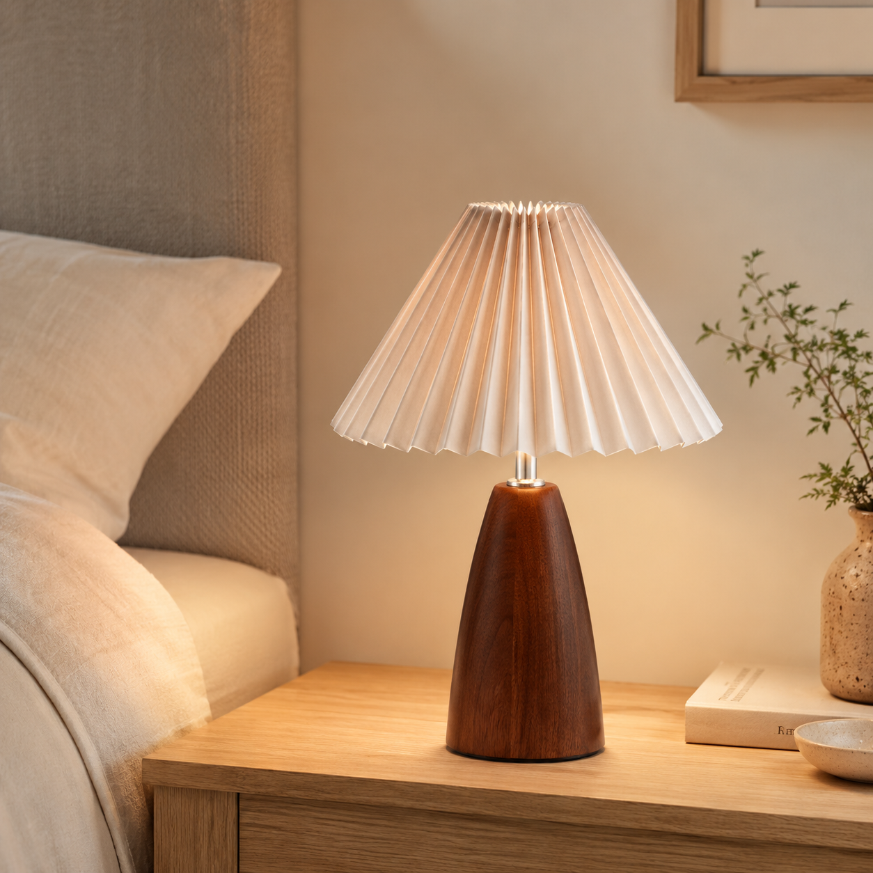 Marlow Pleated Wooden Table Lamp styled on a dark wood console table with neutral home decor