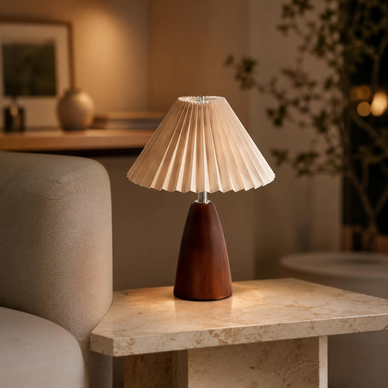 Marlow Pleated Wooden Table Lamp creating a cosy glow beside a sofa in a warm living room