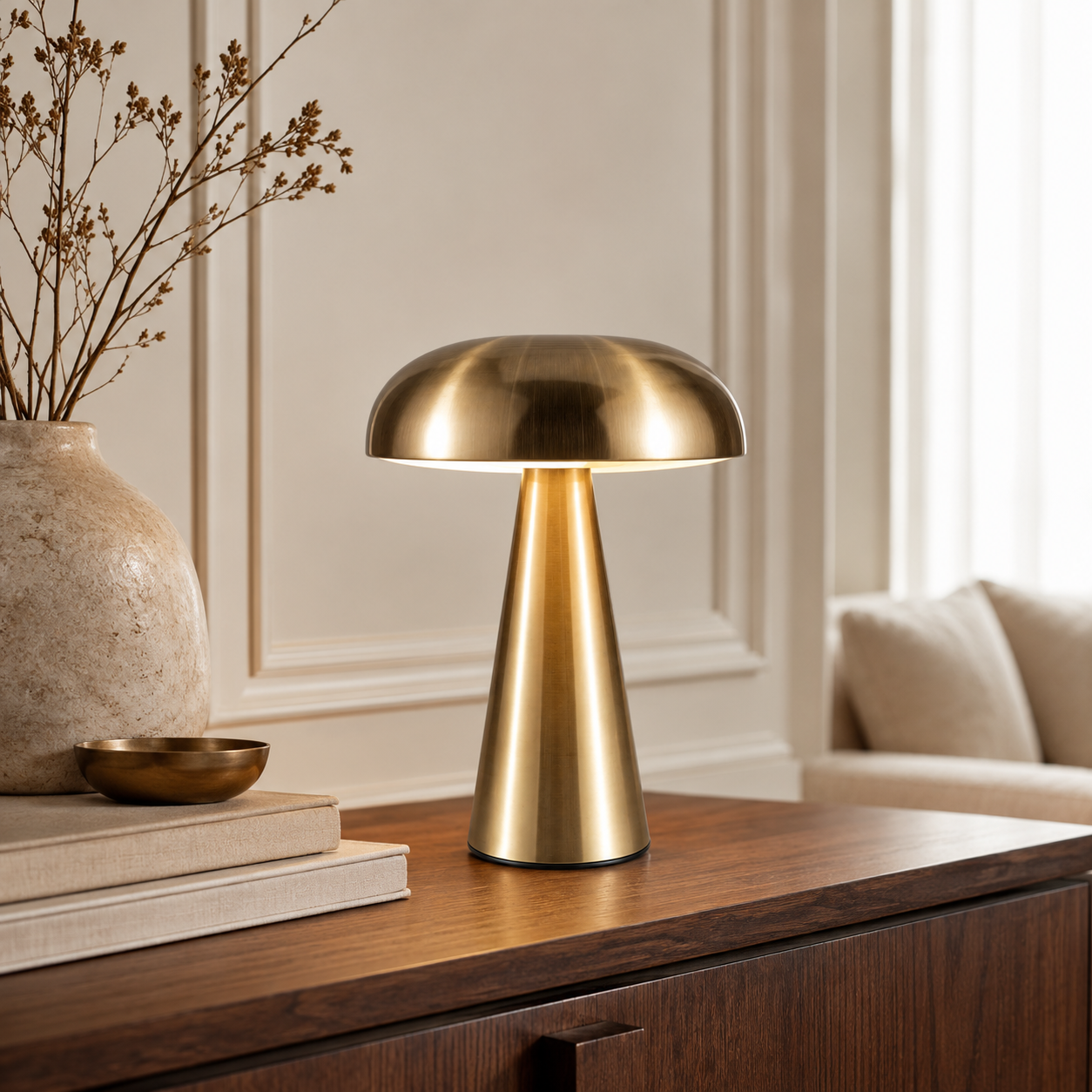 Gold Milo cordless table lamp on a luxury wooden sideboard