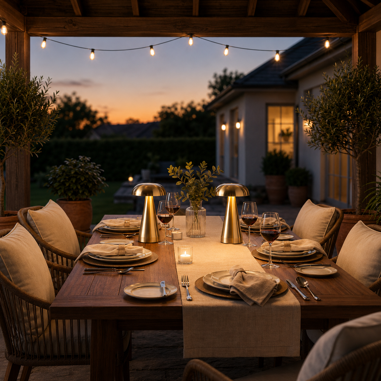 Gold Milo cordless lamp creating warm light on a dining table