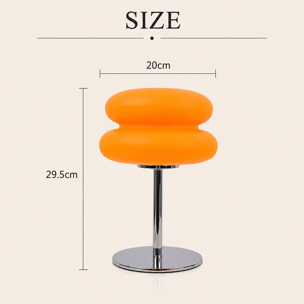 Milo Retro Glass Table Lamp size guide in orange showing 29.5 cm height and 20 cm width