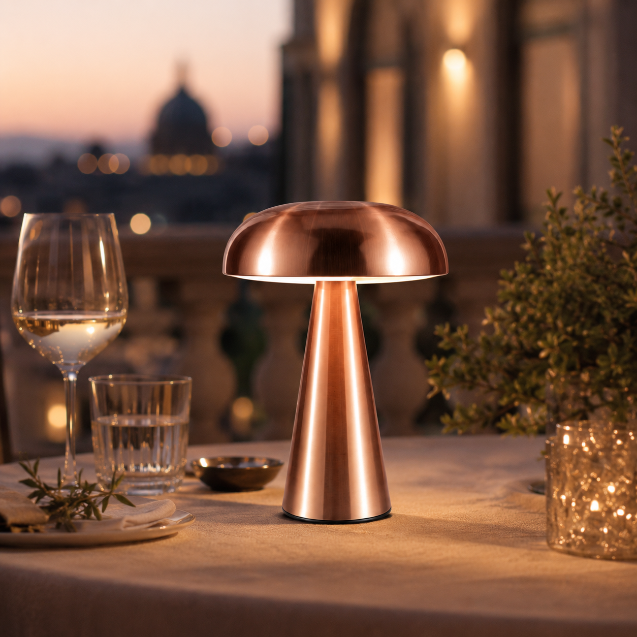 Rose gold Milo cordless table lamp on an outdoor dining table