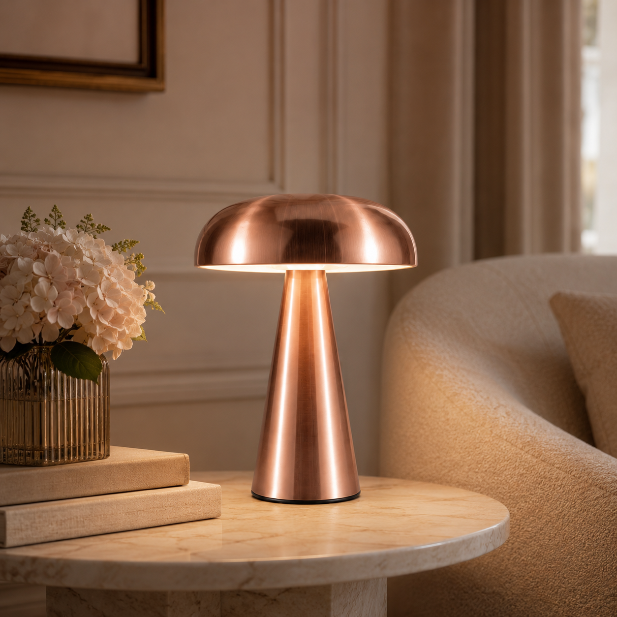 Rose gold Milo cordless table lamp in an elegant living room