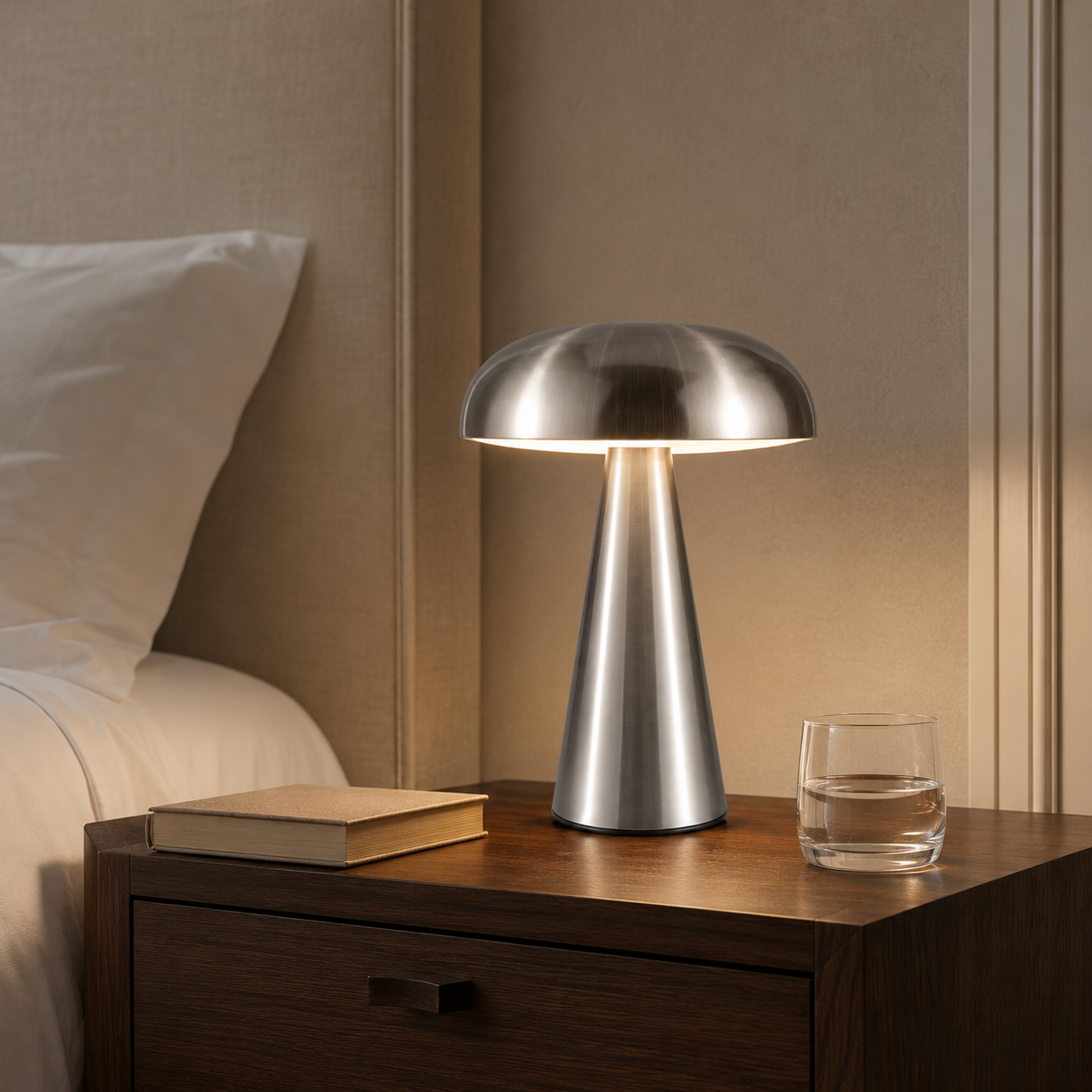 Silver Milo cordless table lamp on a modern bedside table