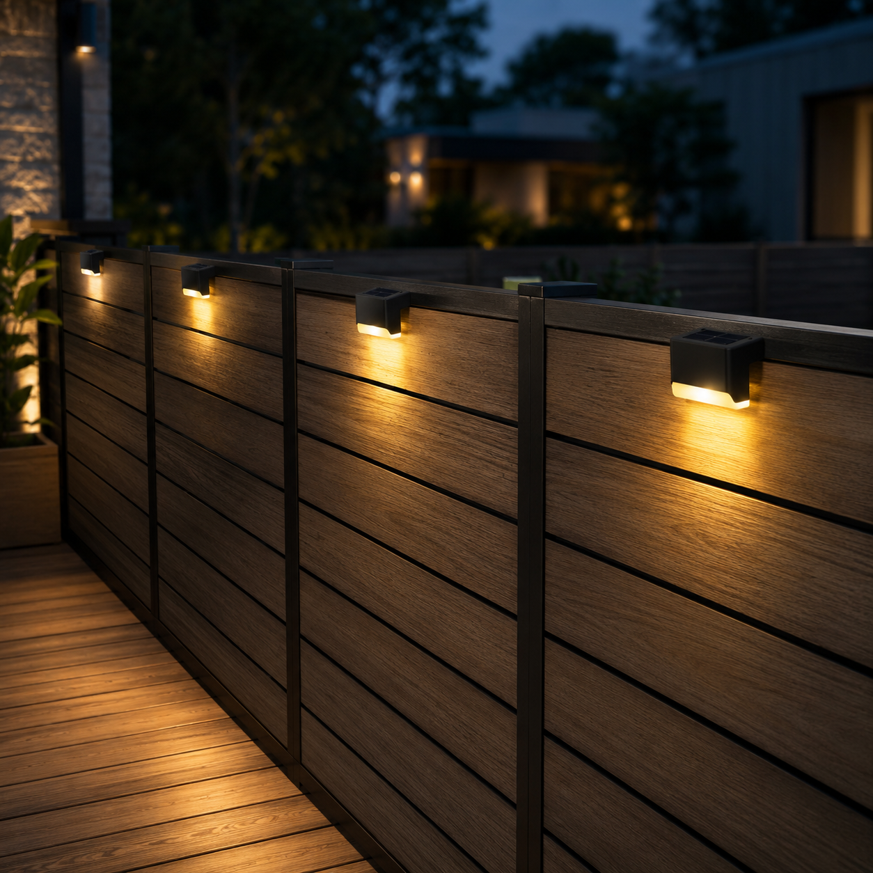 Black solar deck lights creating warm lighting along wooden outdoor steps
