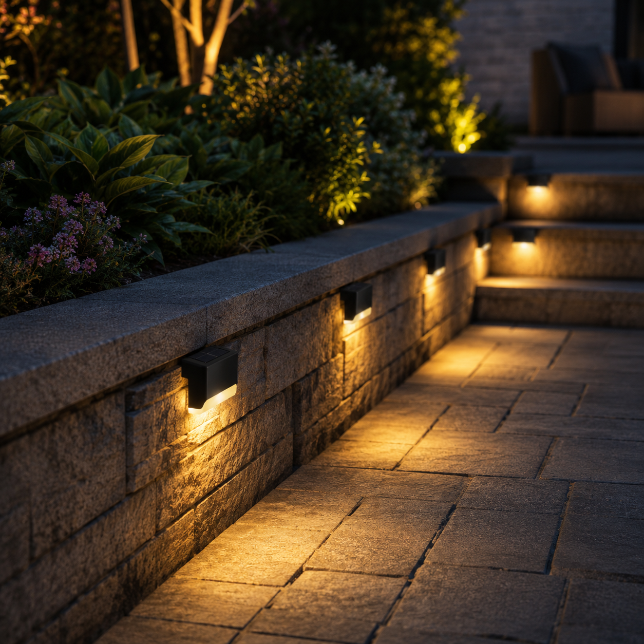 Nivara black solar fence and step wall lights illuminating outdoor decking at night
