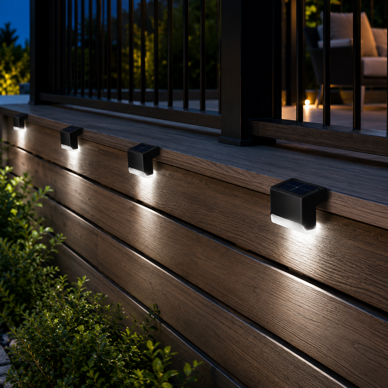 Black solar step lights illuminating a garden pathway and outdoor stairs