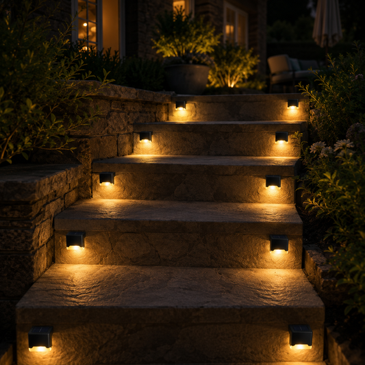 Nivara black solar step lights with warm light on garden stairs