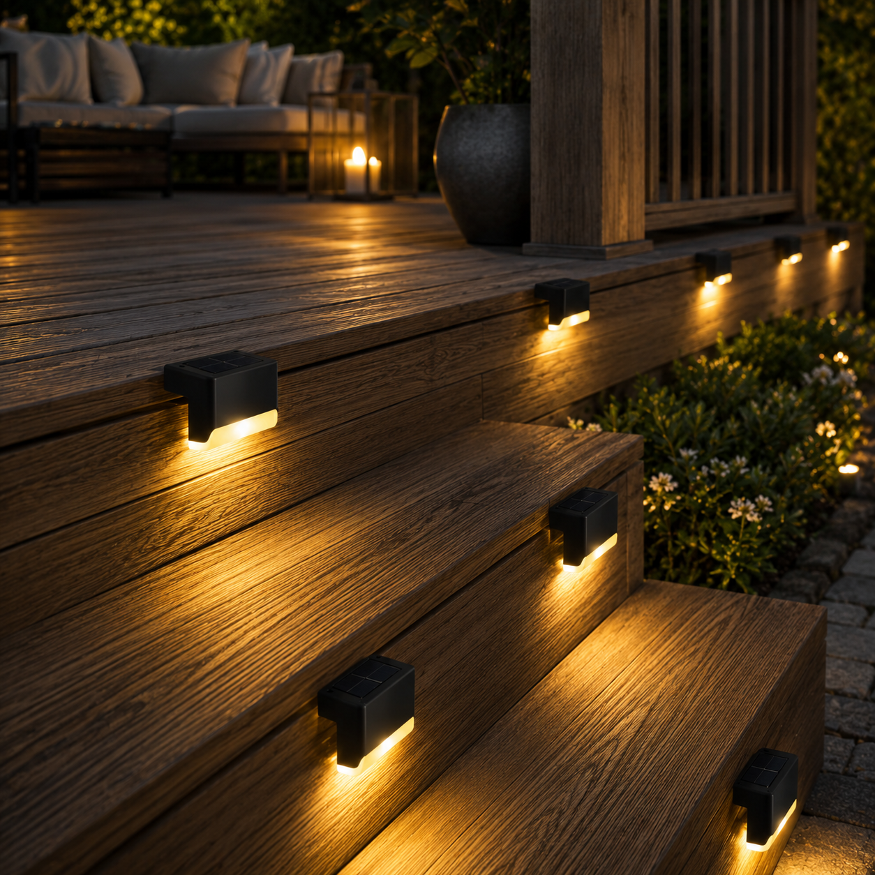 Nivara black solar step lights with white light on an outdoor fence