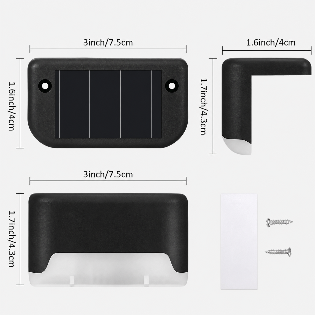 Nivara Solar Fence & Step Wall Light size guide in black showing front, side and bottom views with measurements