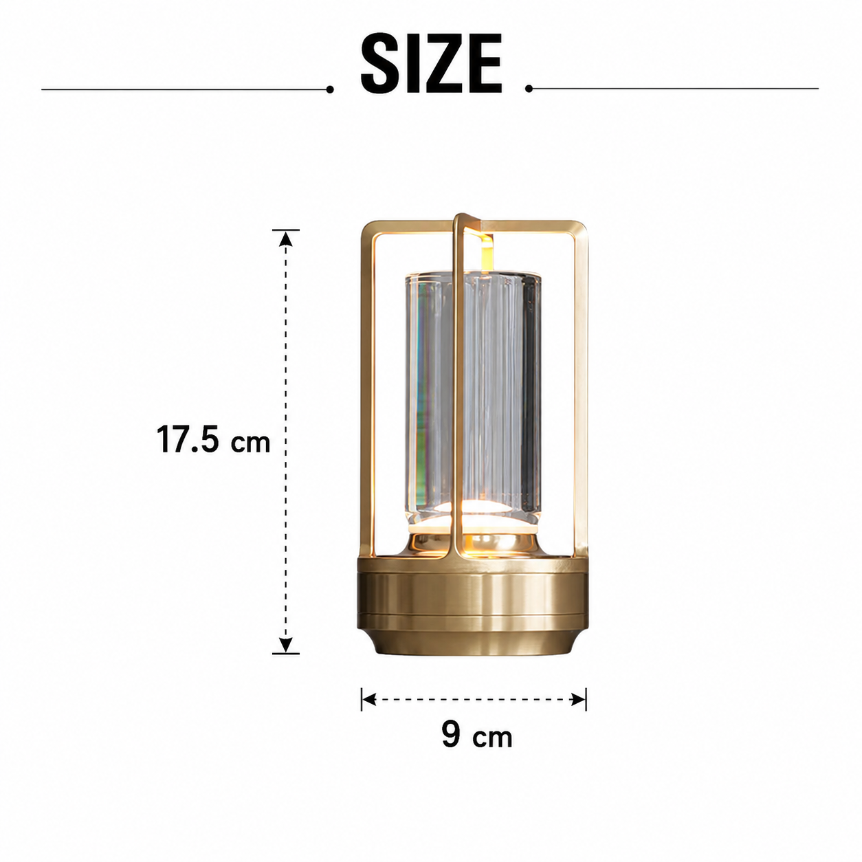 Orien Cordless Table Lamp size guide in gold showing 17.5 cm height and 9 cm width