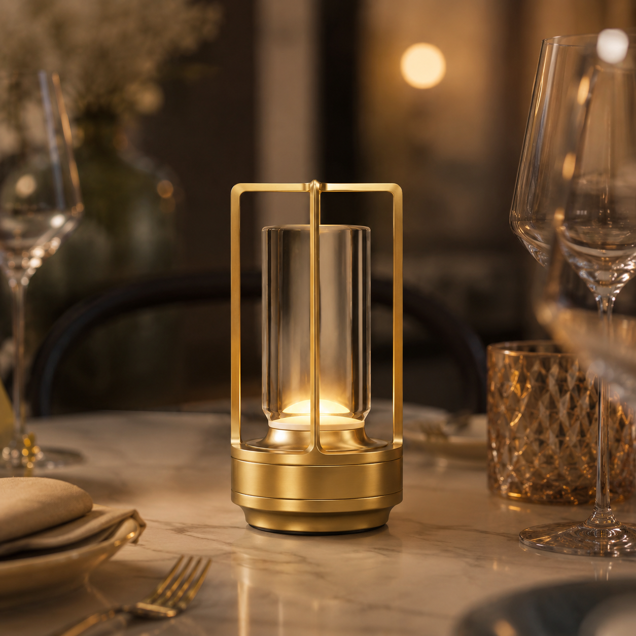 Gold Orien rechargeable table lamps on an outdoor dining table at sunset