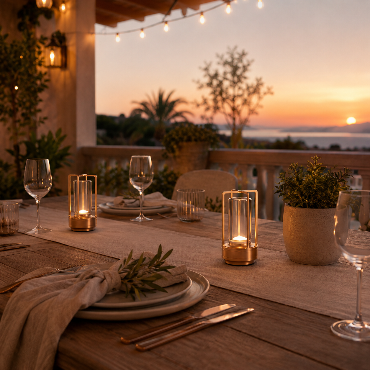 Gold Orien touch table lamp creating warm light on an elegant restaurant table