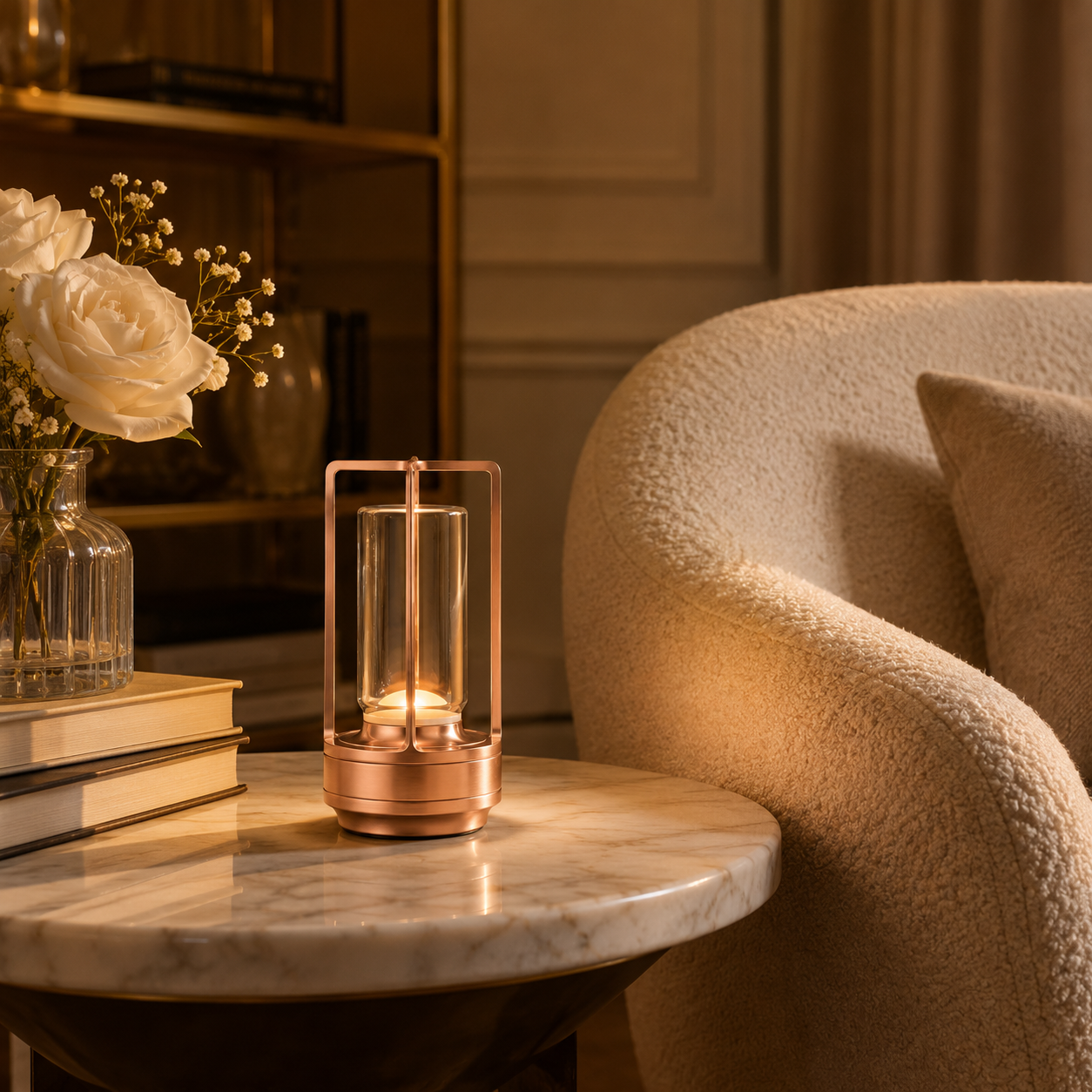 Silver Orien rechargeable table lamp on a modern bedside table