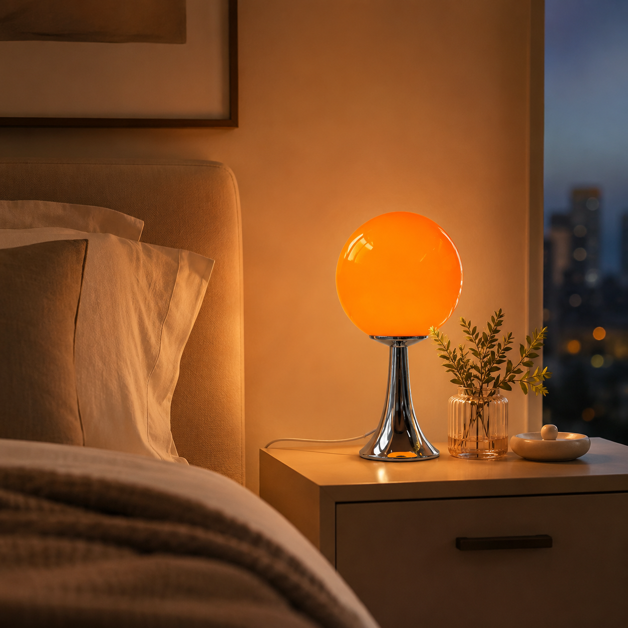 Orlena orange glass balloon lamp glowing on a modern bedside table