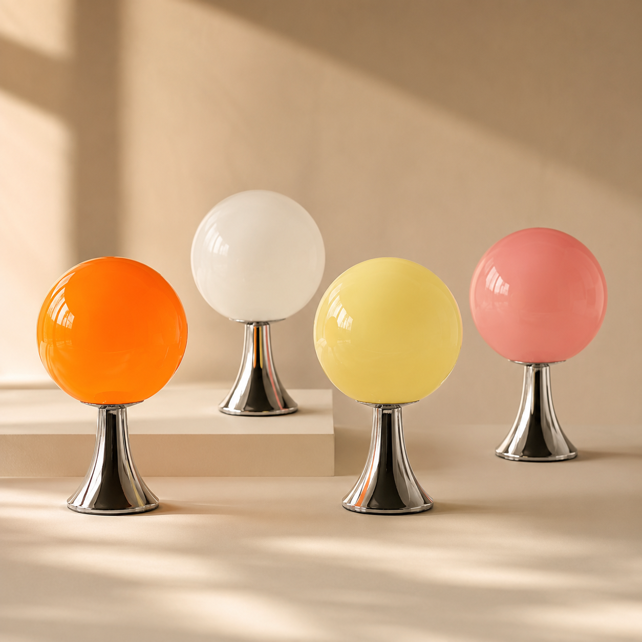 Orlena glass balloon table lamps in orange white yellow and pink