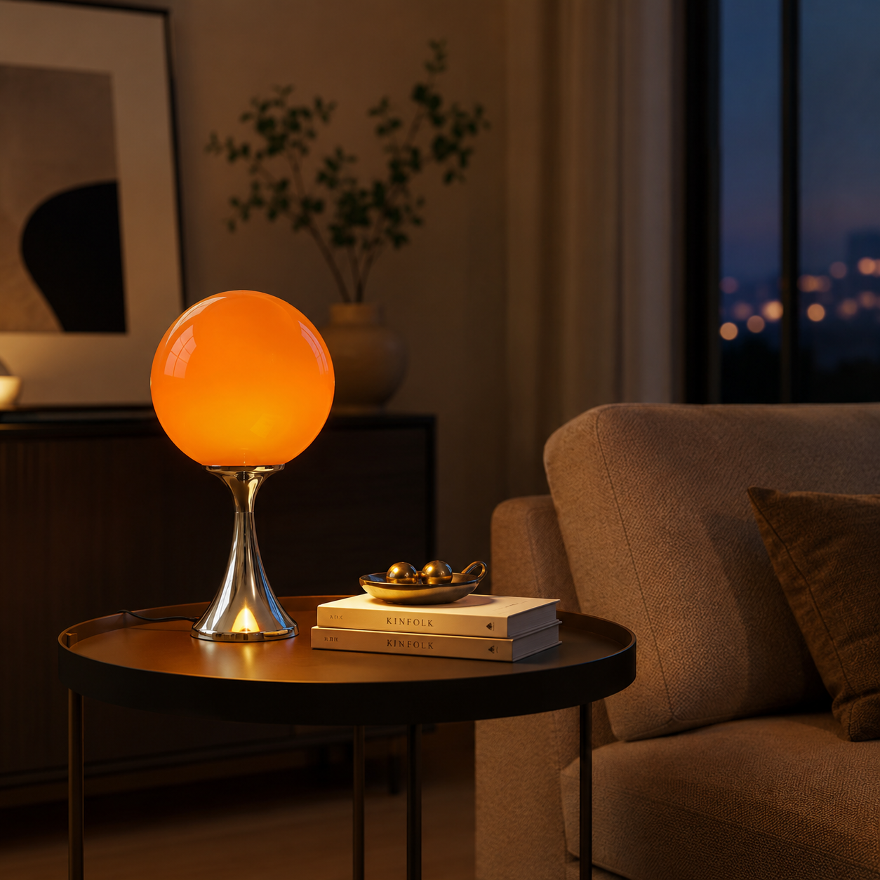 Orlena orange orb table lamp creating a warm glow in a modern living room