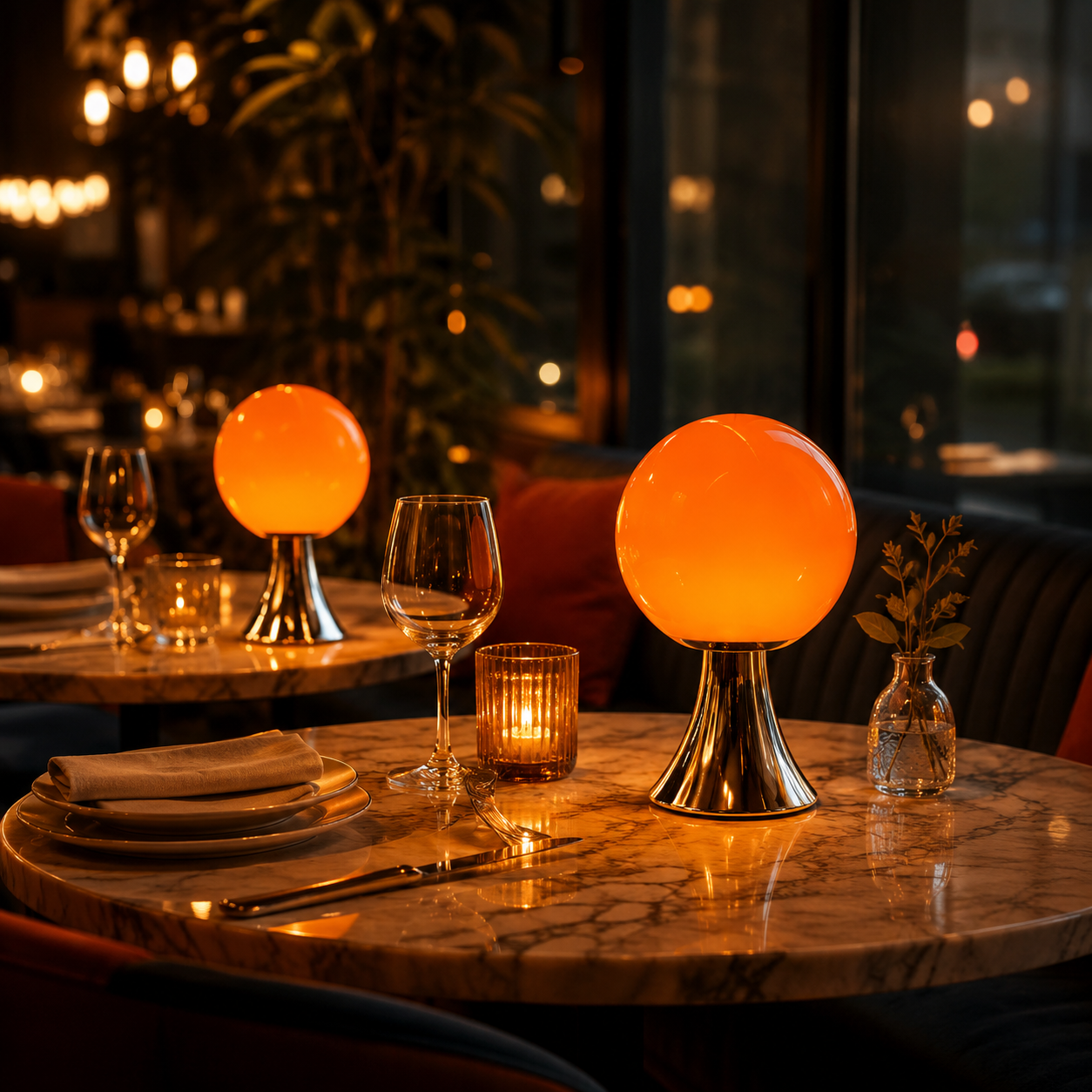 Orlena orange glass balloon lamps illuminating an elegant restaurant table