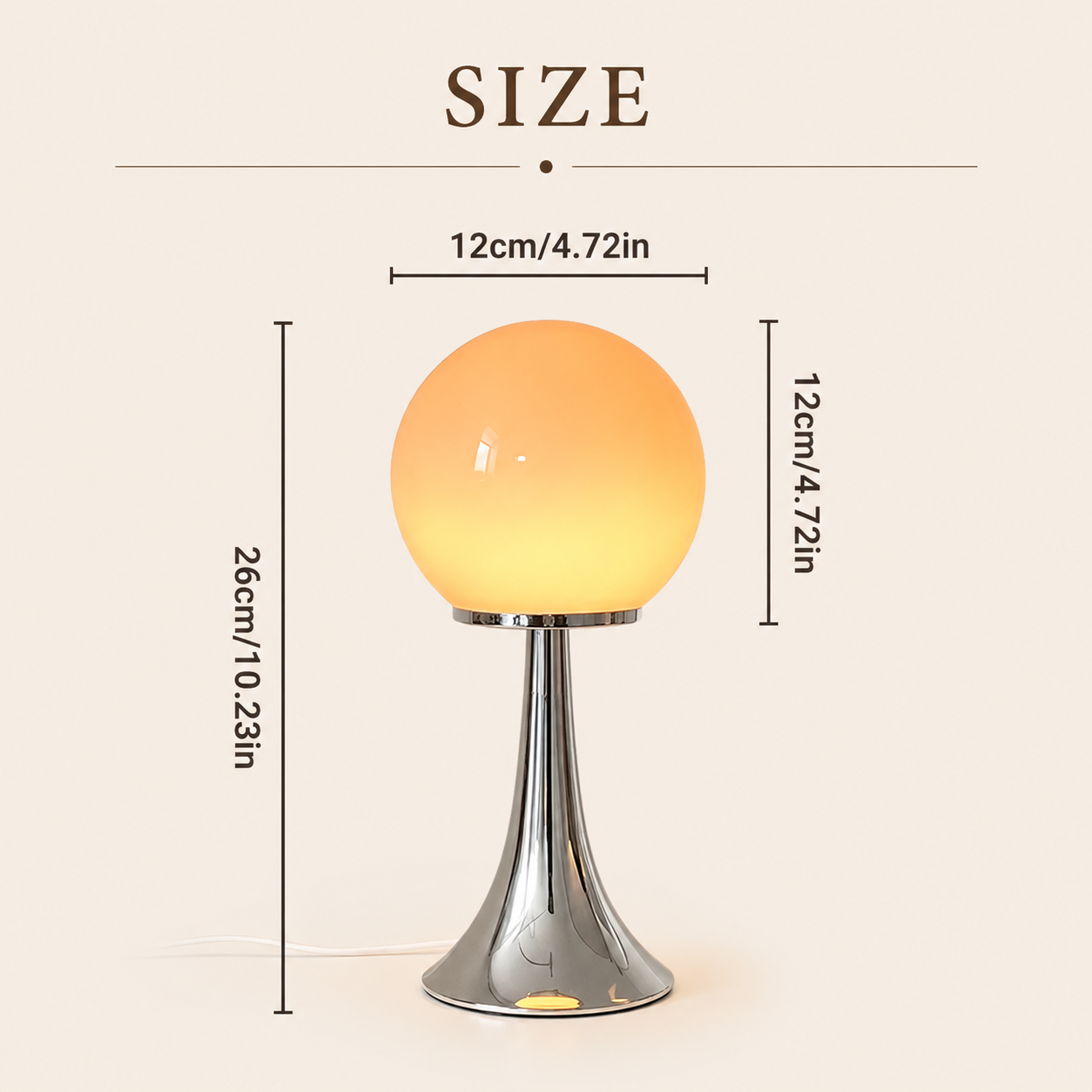 Orlena Glass Balloon Table Lamp size guide showing 26 cm total height and 12 cm globe width