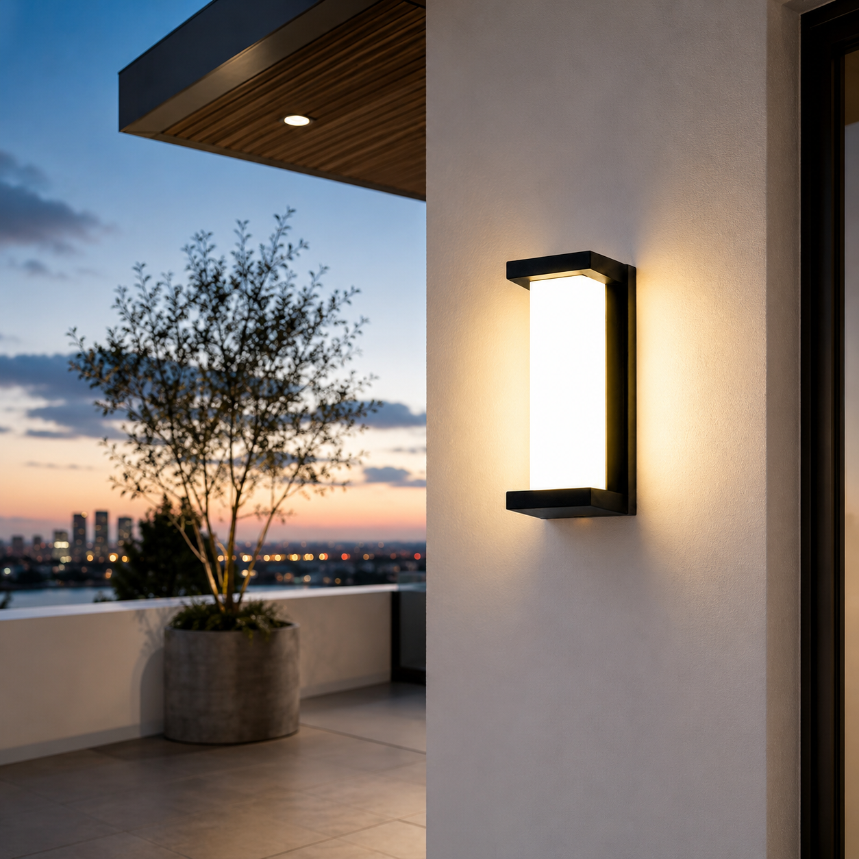 Ovara modern IP65 outdoor wall light with warm white glow on exterior wall