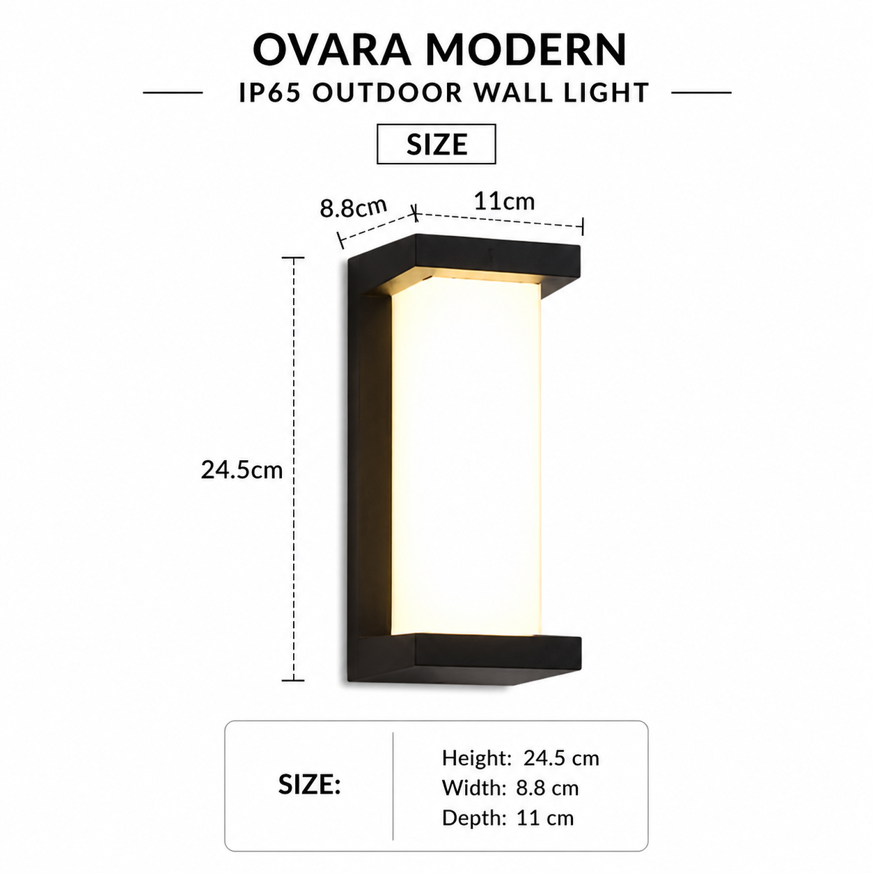 Ovara Modern IP65 Outdoor Wall Light size guide showing 24.5 cm height, 8.8 cm width and 11 cm depth