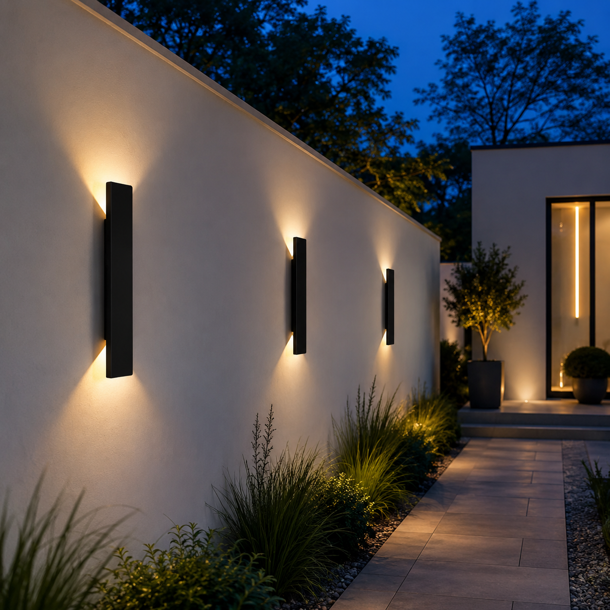 RainGlow cold white outdoor wall light on a modern exterior wall at dusk