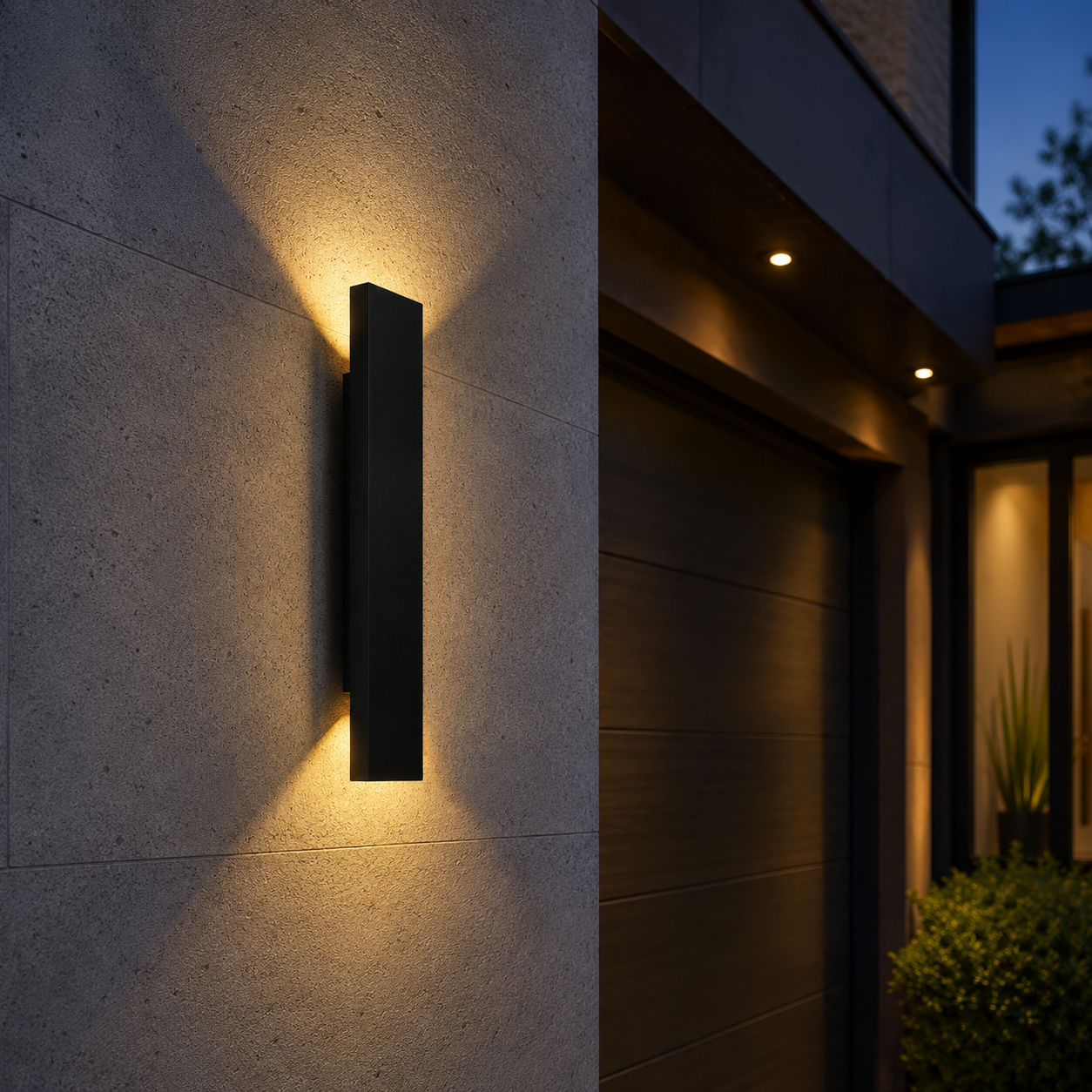 RainGlow black vertical outdoor wall light installed on a modern balcony wall