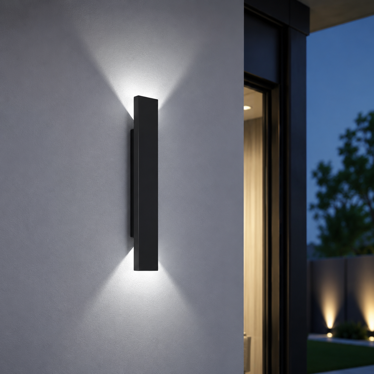 RainGlow black vertical outdoor wall light with cold white up and down illumination