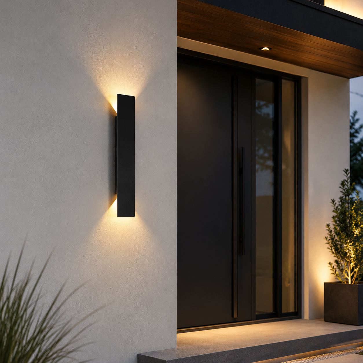 Close-up of RainGlow black vertical outdoor wall light with warm white up and down lighting