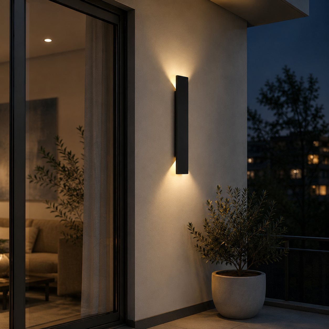 RainGlow vertical patio wall light creating warm ambient lighting beside an outdoor lounge