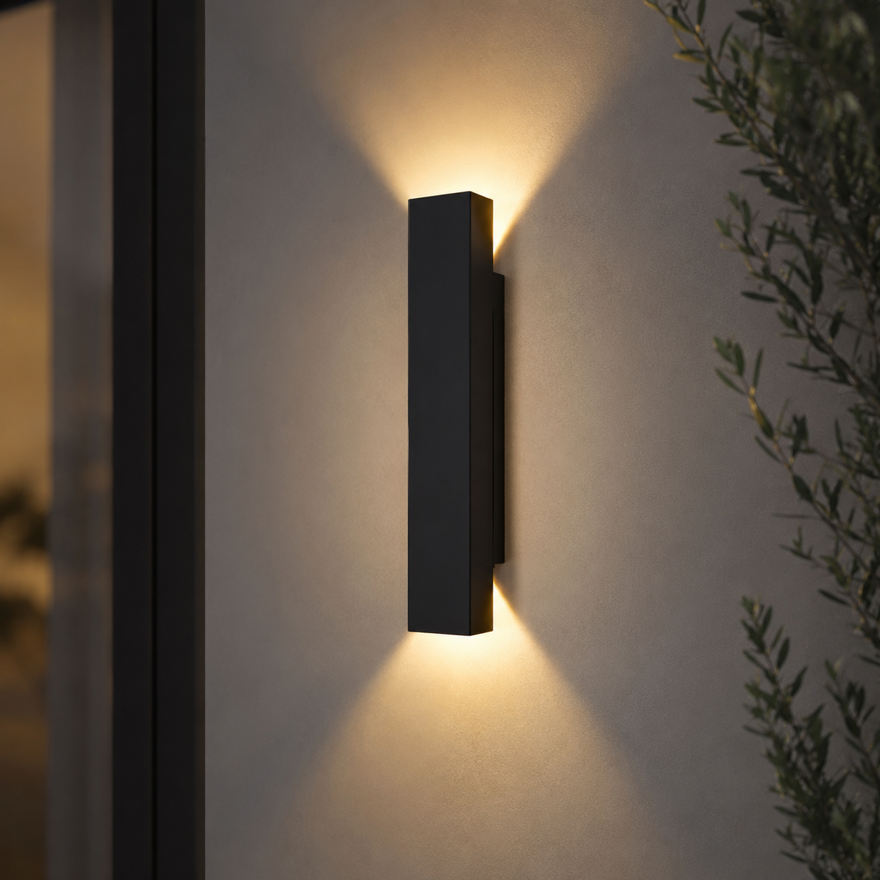 RainGlow vertical waterproof patio wall light with warm white glow on a modern entrance wall