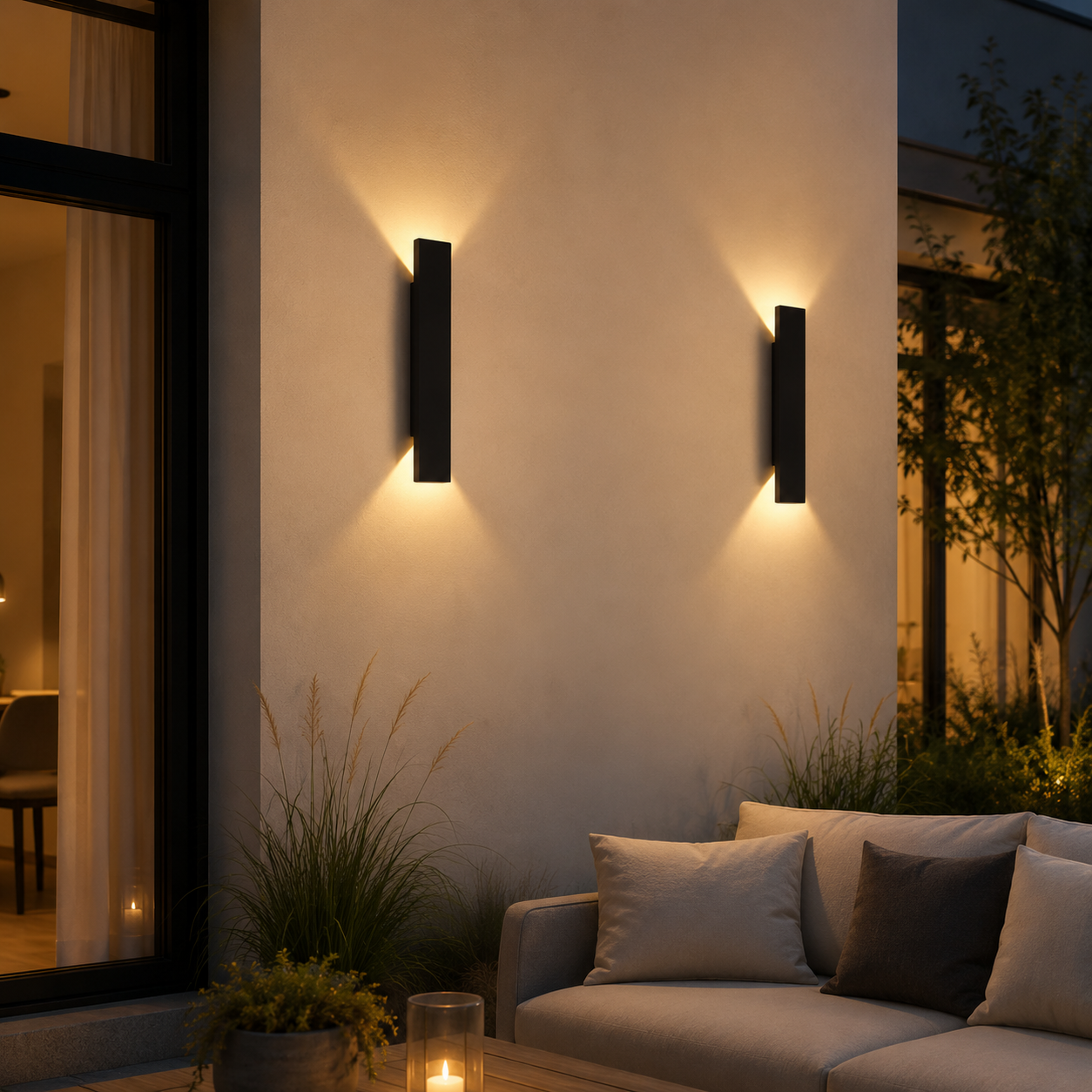 RainGlow vertical waterproof patio wall light with warm white glow on a modern entrance wall