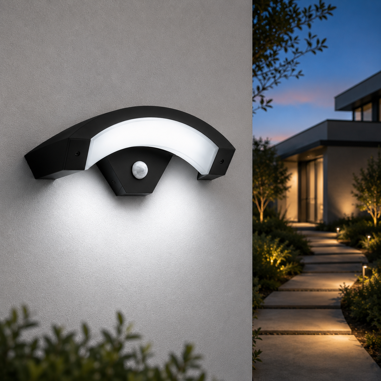 Selora black curved garden wall light creating a soft evening glow