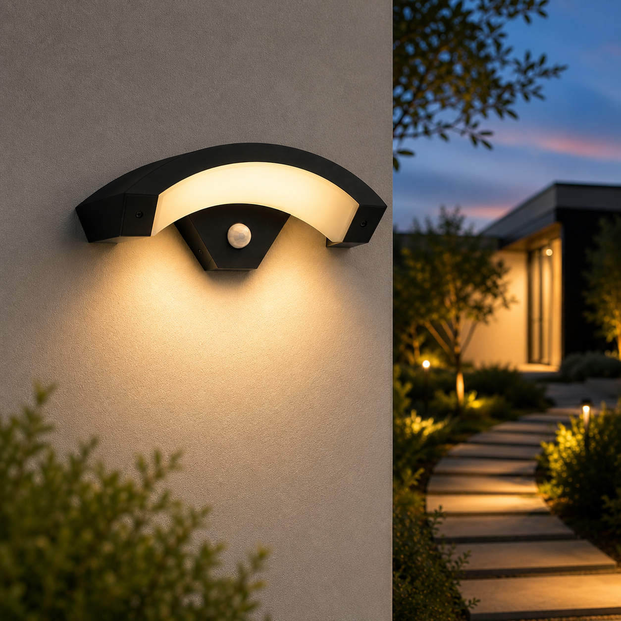 Selora curved outdoor wall light with cold white LED illumination