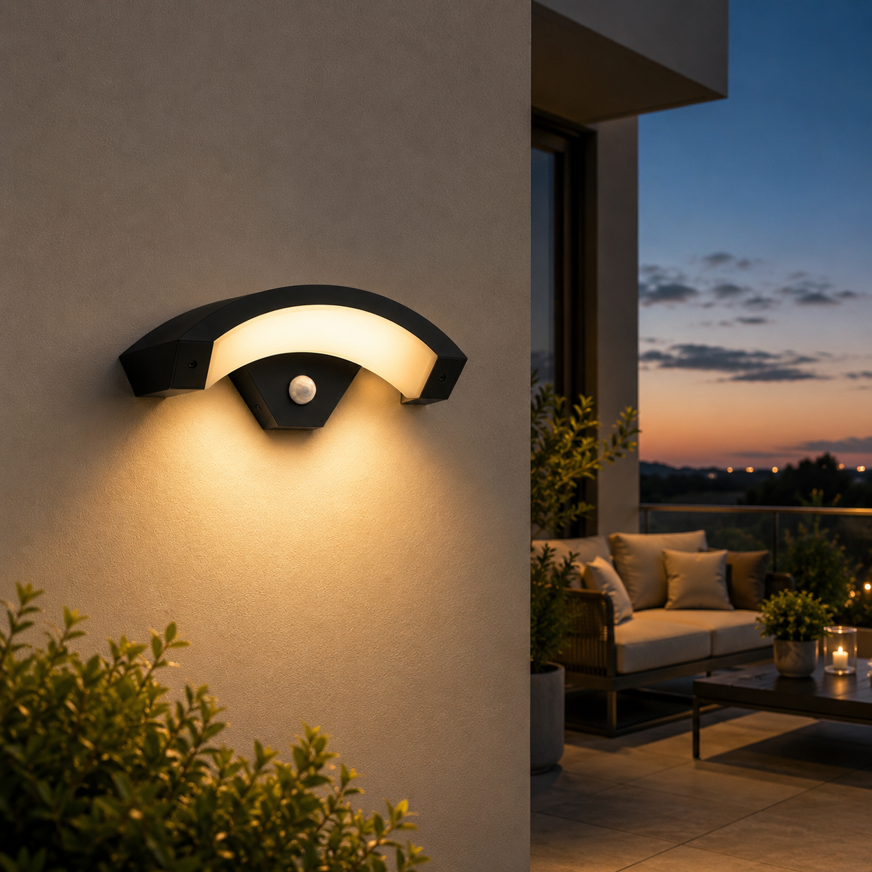 Selora curved sensor outdoor wall light with warm white glow on garden wall