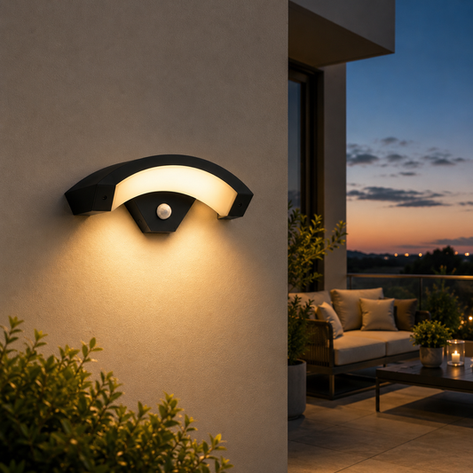 Selora curved sensor outdoor wall light with warm white glow on garden wall