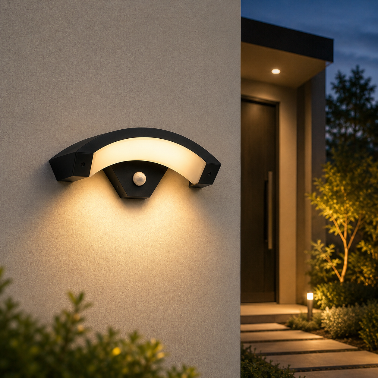 Selora curved outdoor wall light illuminating a modern patio wall