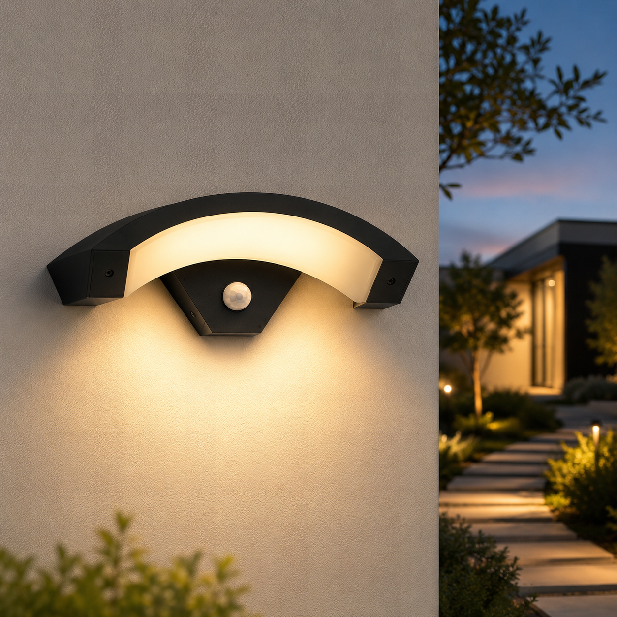 Selora curved sensor wall light installed beside a modern front door