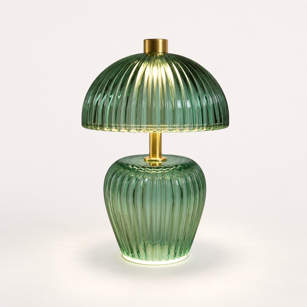 Decorative stained glass bedside lamp with a soft warm glow in an elegant bedroom setting.