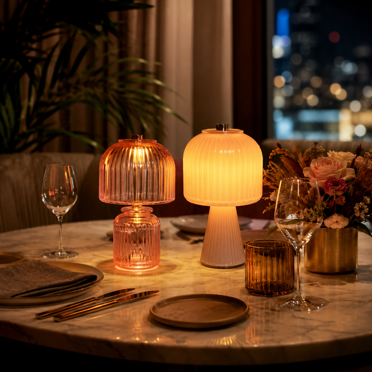 Cozy stained glass table lamp adding soft evening light to a calm home interior.