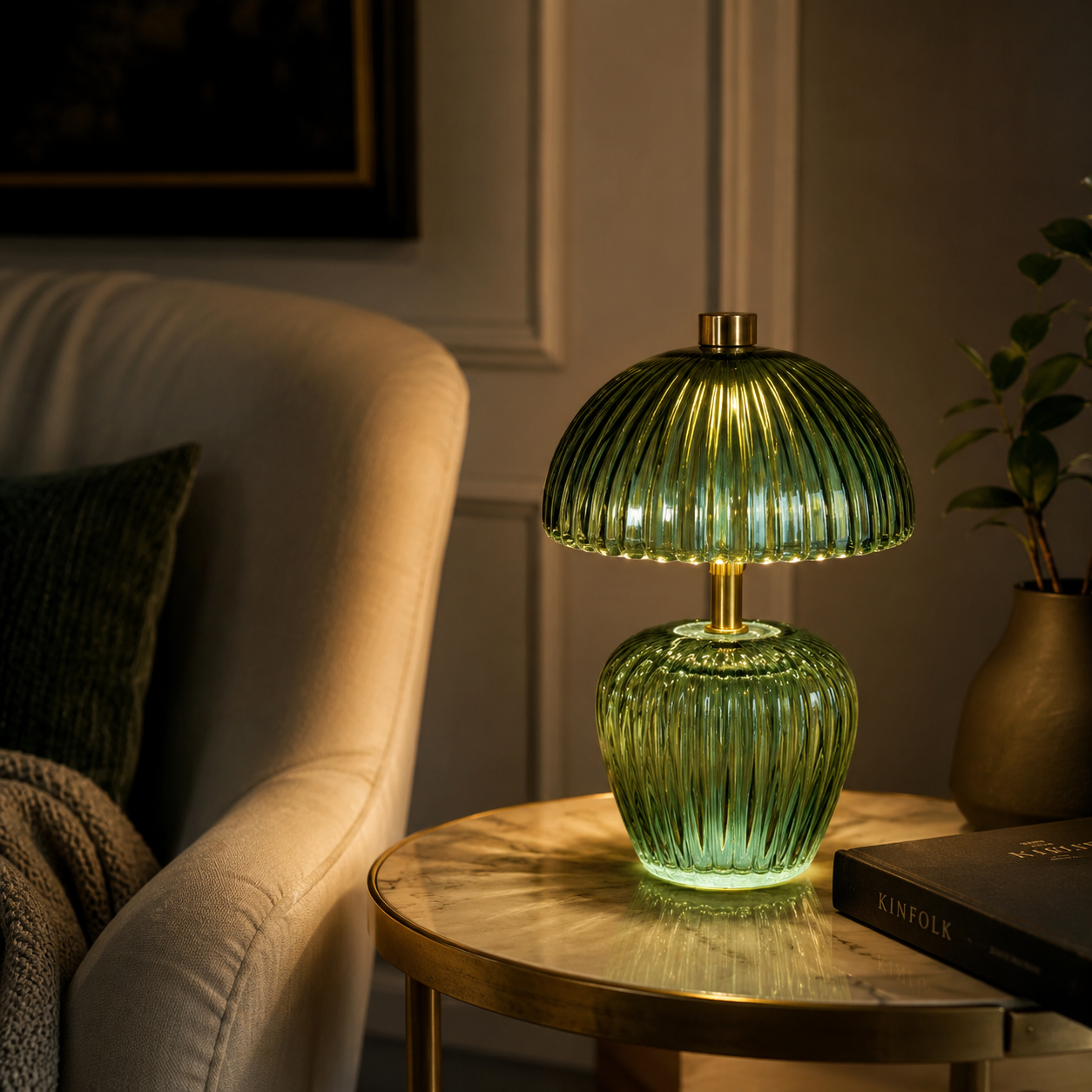 Elegant stained glass table lamp creating a warm ambient glow in a stylish living room.