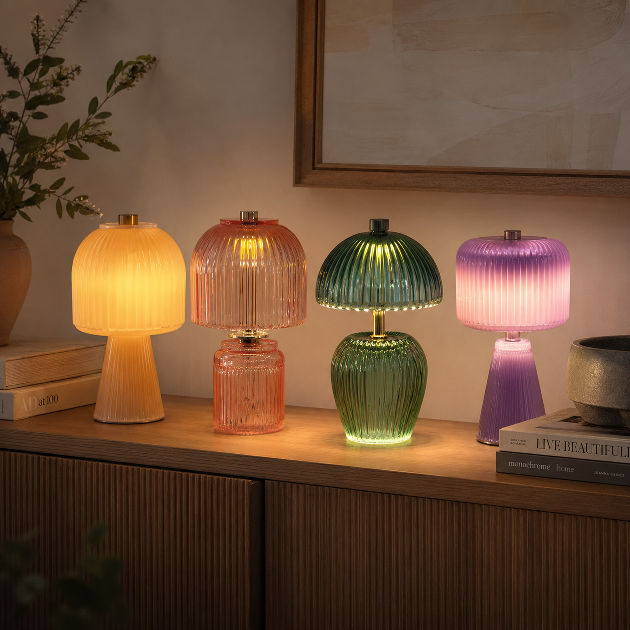 Pink stained glass mushroom table lamp with a fluted glass shade and soft ambient glow.